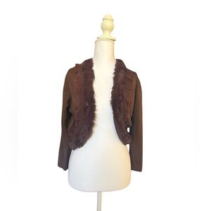 Joseph A Womens Y2K Brown Cropped Open Front Faux Fur Silk Blend Cardigan Glam L
